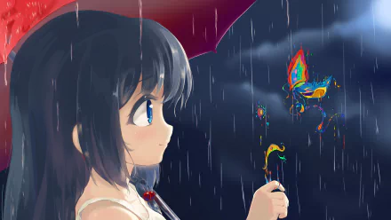 4K Ultra HD PC desktop wallpaper: original anime of a black-haired girl with blue eyes holding a red umbrella in rain as colorful butterflies hover.