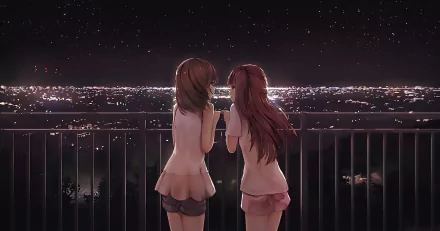Two anime characters with brown hair stand on a balcony at night, overlooking a cityscape illuminated by countless lights. This HD wallpaper captures the serene beauty of the scene.