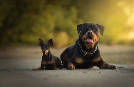 HD desktop wallpaper featuring a baby animal, a puppy, and a Rottweiler dog sitting together on a sunlit path with a blurred background, highlighting depth of field.