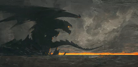 HD fantasy desktop wallpaper depicting a fierce dragon with glowing eyes emerging from a dark, stormy landscape under a fiery horizon.