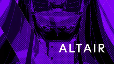 HD PC desktop wallpaper featuring Gunpuku no Himegimi from the anime Re:Creators, prominently displaying the name Altair with a stylized purple halftone design.