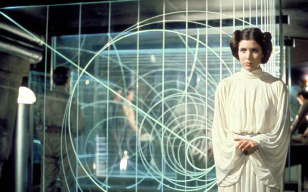 Princess Leia in a scene from Star Wars, standing in front of a futuristic background with circular graphics. HD desktop wallpaper.