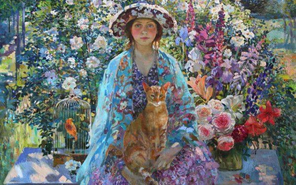 flower garden birdcage cat artistic painting HD Desktop Wallpaper | Background Image
