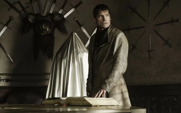 4K Ultra HD PC desktop wallpaper: Game of Thrones TV show scene — a nobleman in medieval robes stands over an open book in a sword-lined hall.