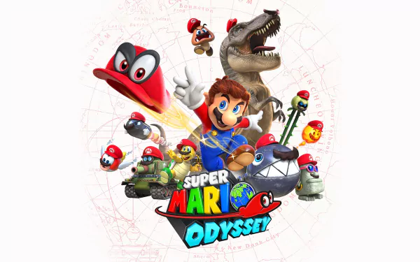 HD desktop wallpaper featuring Mario from Super Mario Odyssey. The colorful image shows Mario with his cap, surrounded by various characters, including a dinosaur and vehicles from the video game.