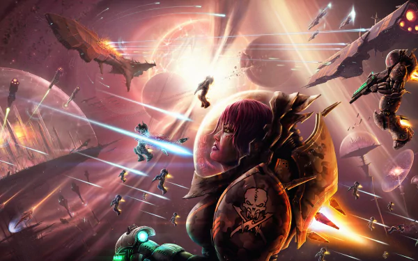 A woman warrior in a spacesuit wields weapons amid a sci-fi city battle, with spaceships and combatants clashing in a vibrant space HD desktop wallpaper.