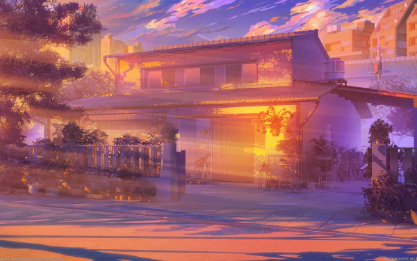HD PC desktop wallpaper featuring a vibrant, sunset-lit house scene inspired by video game aesthetics with themes of love, money, and rock'n'roll.