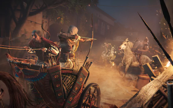 Bayek of Siwa aiming a bow on a chariot while enemies charge on horseback in a dramatic scene from Assassin's Creed Origins, rendered in 4K Ultra HD for PC.