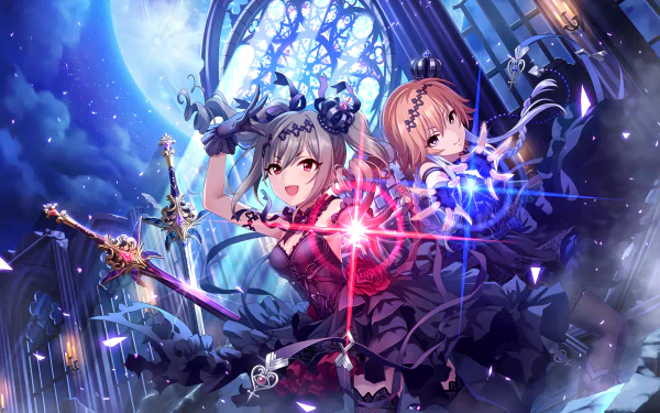 HD desktop wallpaper featuring Asuka Ninomiya and Ranko Kanzaki from THE iDOLM@STER: Cinderella Girls Starlight Stage, shown in an enchanting setting with magical effects under a moonlit night.