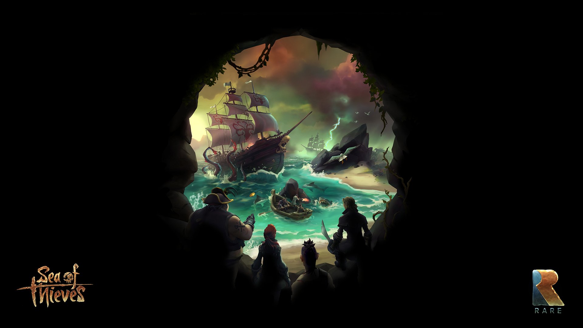 HD desktop wallpaper of Sea of Thieves, featuring a cinematic scene of pirates on a ship and a rowboat, viewed through a cave opening with a stormy sea and ominous skies.