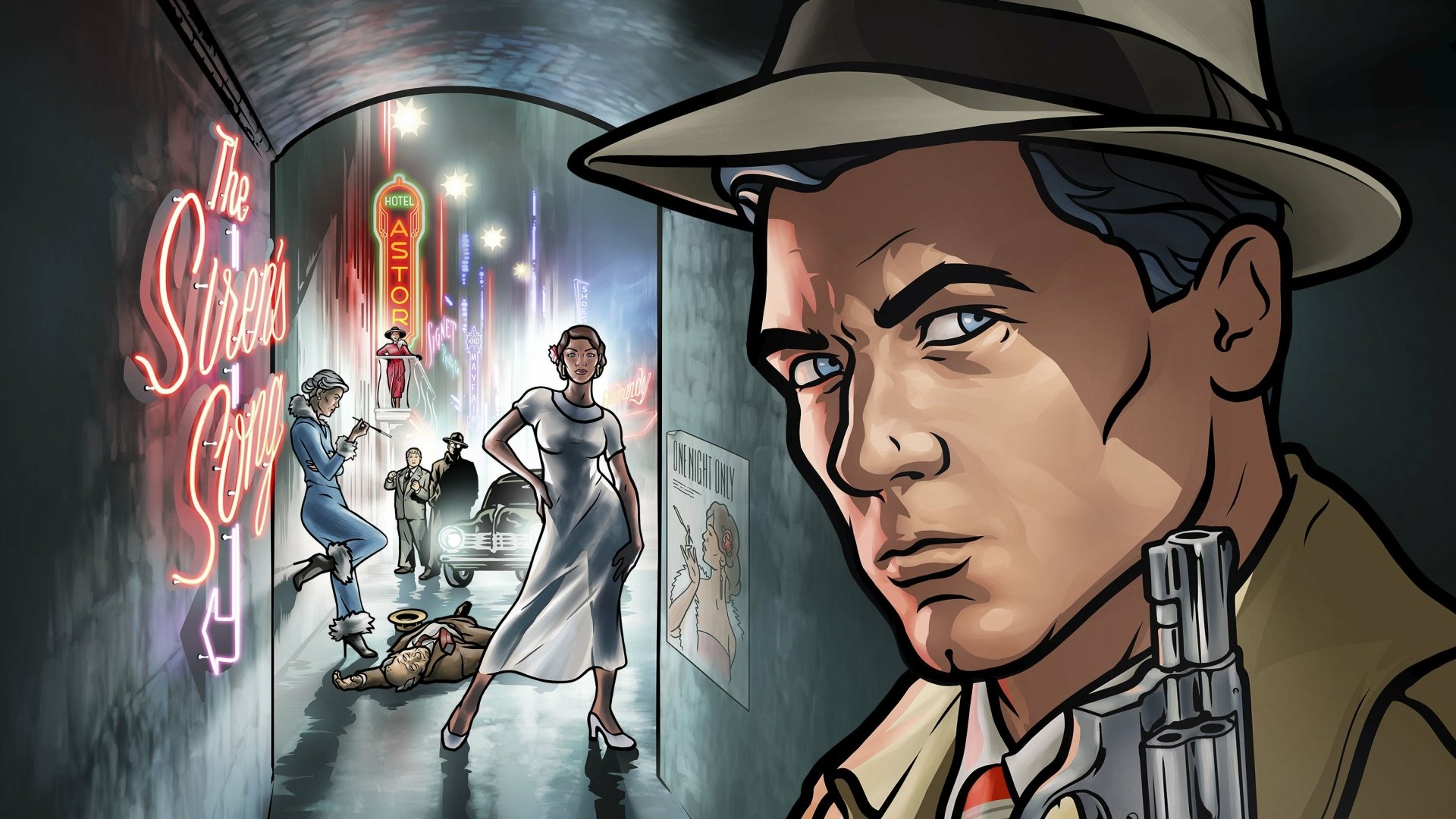 Archer (TV Show) 2K Quad HD PC desktop wallpaper: noir neon alley with fedora-clad spy in foreground, femme fatale and gunfight unfolding in misty background.