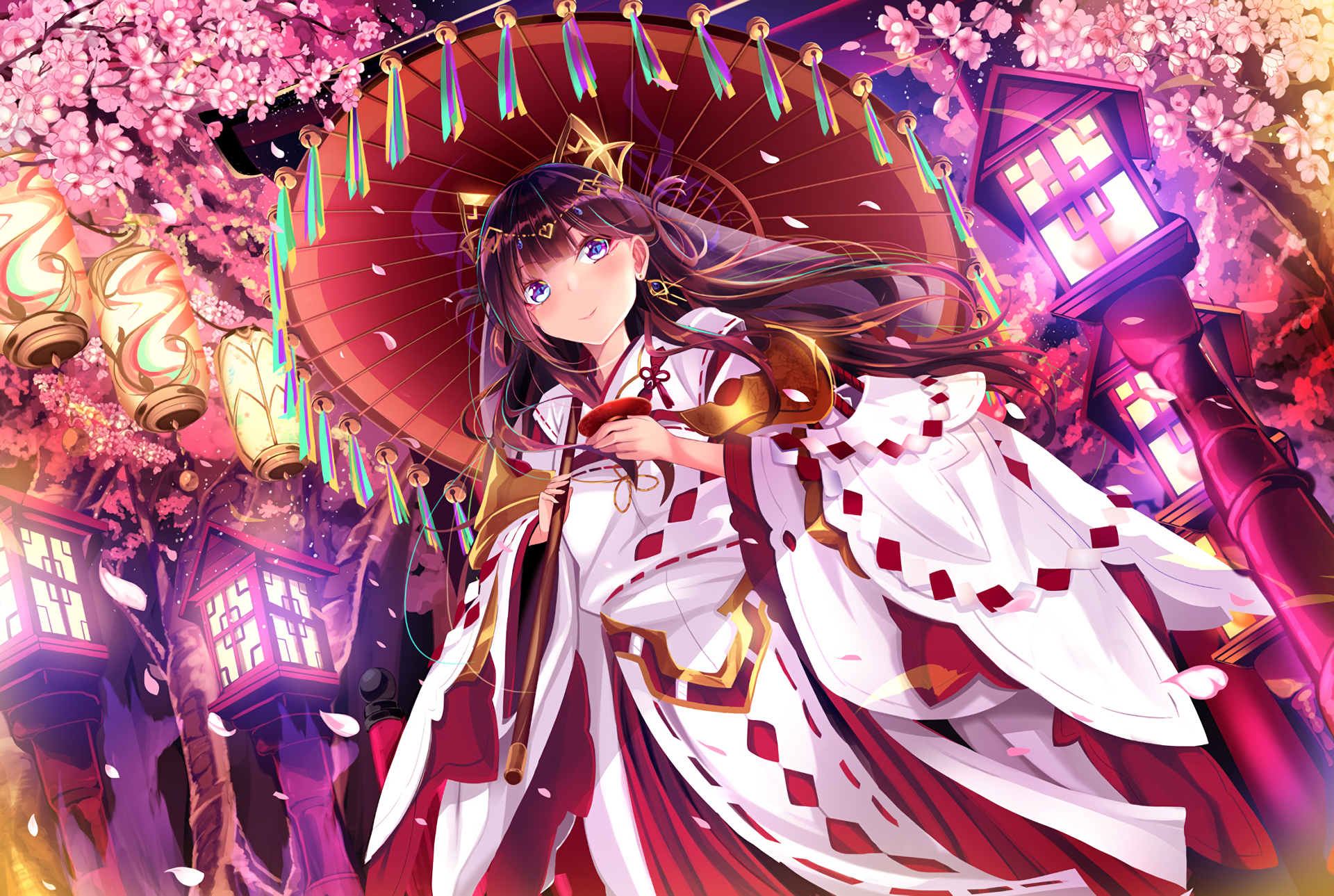 An enchanting anime scene featuring an original character in a traditional outfit, set against a backdrop of cherry blossoms and lanterns, captured in HD quality for use as a desktop wallpaper or background.