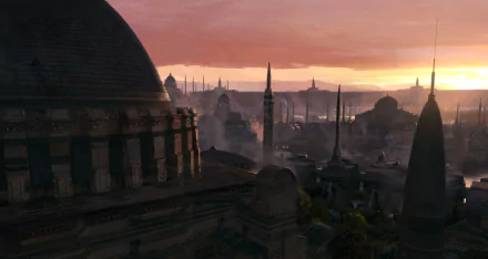 HD fantasy cityscape at sunset with domed and spired architecture, set against a colorful sky, designed as a detailed PC desktop wallpaper and background.