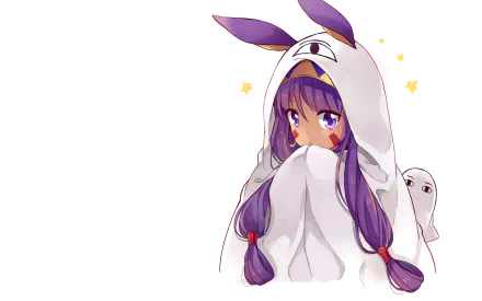 HD desktop wallpaper featuring Nitocris from Fate/Grand Order in anime style, with purple hair and a cute bunny-hooded cloak, set against a white background with small star accents.