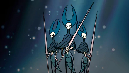 HD PC desktop wallpaper featuring the Mantis Lords from the video game Hollow Knight, showcasing the three characters with their signature spears against a dark, atmospheric background.