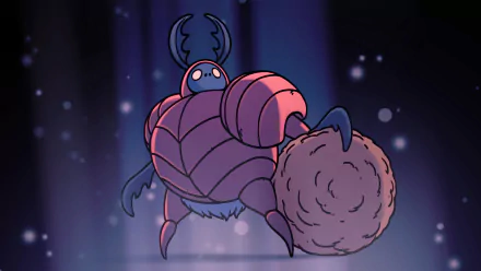 HD desktop wallpaper of Dung Defender from the video game Hollow Knight, featuring the character holding a large dung ball against a dark, atmospheric background.