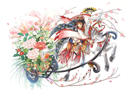 Anime original HD PC desktop wallpaper/background: ornate kimono-clad girl with red ribbons rides a white horse towing a blossom-filled cart amid scattering cherry petals.