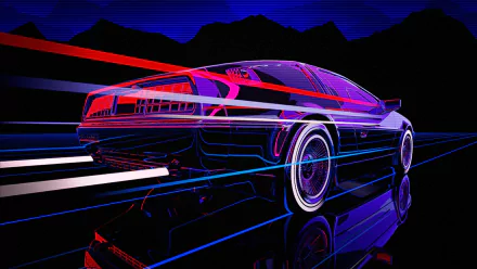 Artistic retro neon-outlined sports car on a reflective grid, vivid magenta and blue hues — HD PC desktop wallpaper background.