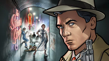 Archer (TV Show) 2K Quad HD PC desktop wallpaper: noir neon alley with fedora-clad spy in foreground, femme fatale and gunfight unfolding in misty background.