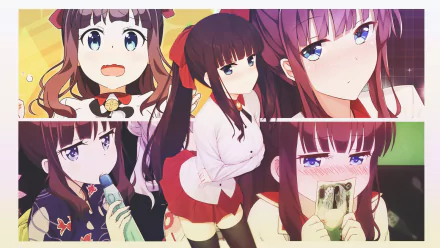 HD wallpaper of Hifumi Takimoto from the anime New Game!, featuring various expressions and poses of the character in a colorful collage.