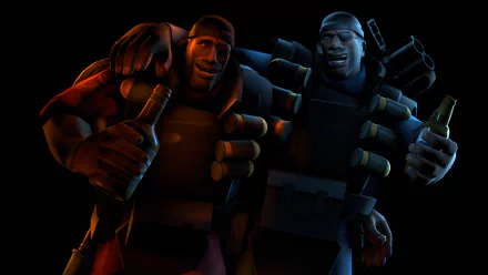 4K Ultra HD Team Fortress 2 wallpaper featuring two characters in dynamic poses, one with a red outfit and the other in blue, both holding bottles and wearing grenade belts.