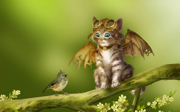 A cute, winged cat wearing goggles sits on a branch next to a small bird in a fantasy HD desktop wallpaper. The background features a soft green gradient with delicate flowers.