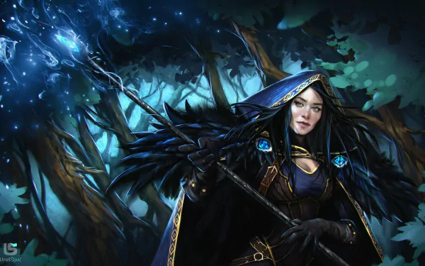 HD wallpaper of a dark fallen angel with black hair, holding a magical staff, wearing a hooded cape with black wings, set in a fantasy forest background.