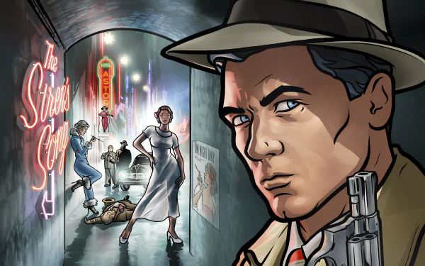 Archer (TV Show) 2K Quad HD PC desktop wallpaper: noir neon alley with fedora-clad spy in foreground, femme fatale and gunfight unfolding in misty background.