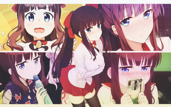 HD wallpaper of Hifumi Takimoto from the anime New Game!, featuring various expressions and poses of the character in a colorful collage.
