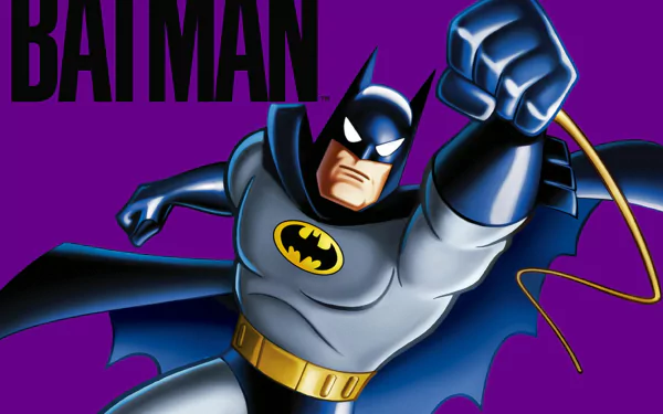 HD PC desktop wallpaper of Batman from Batman: The Animated Series, lunging forward with cape and grappling hook against a vivid purple background and bold BATMAN logo.