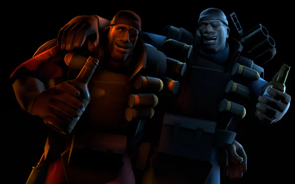 4K Ultra HD Team Fortress 2 wallpaper featuring two characters in dynamic poses, one with a red outfit and the other in blue, both holding bottles and wearing grenade belts.
