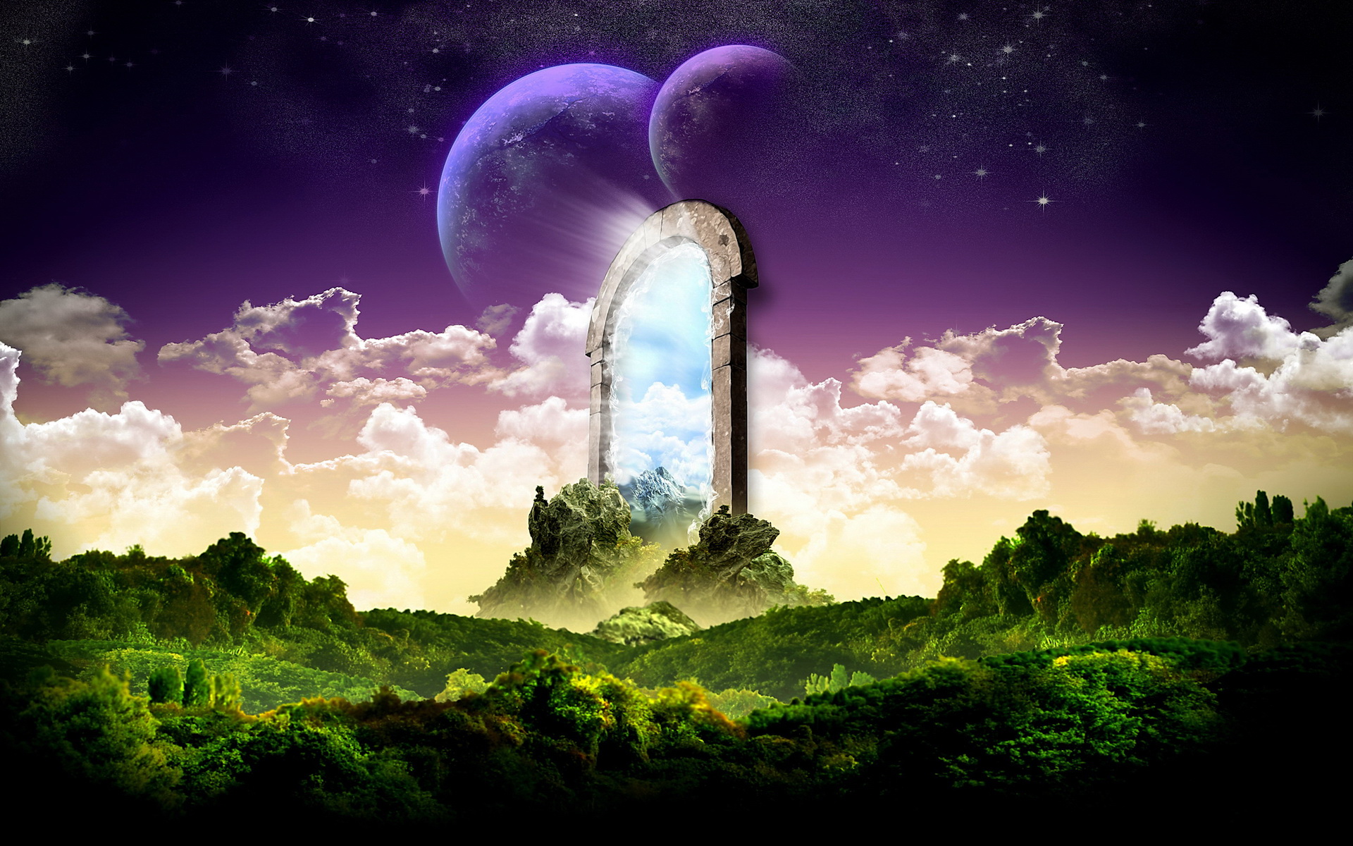 Hd fantasy landscape with magic gate, stars, and clouds.