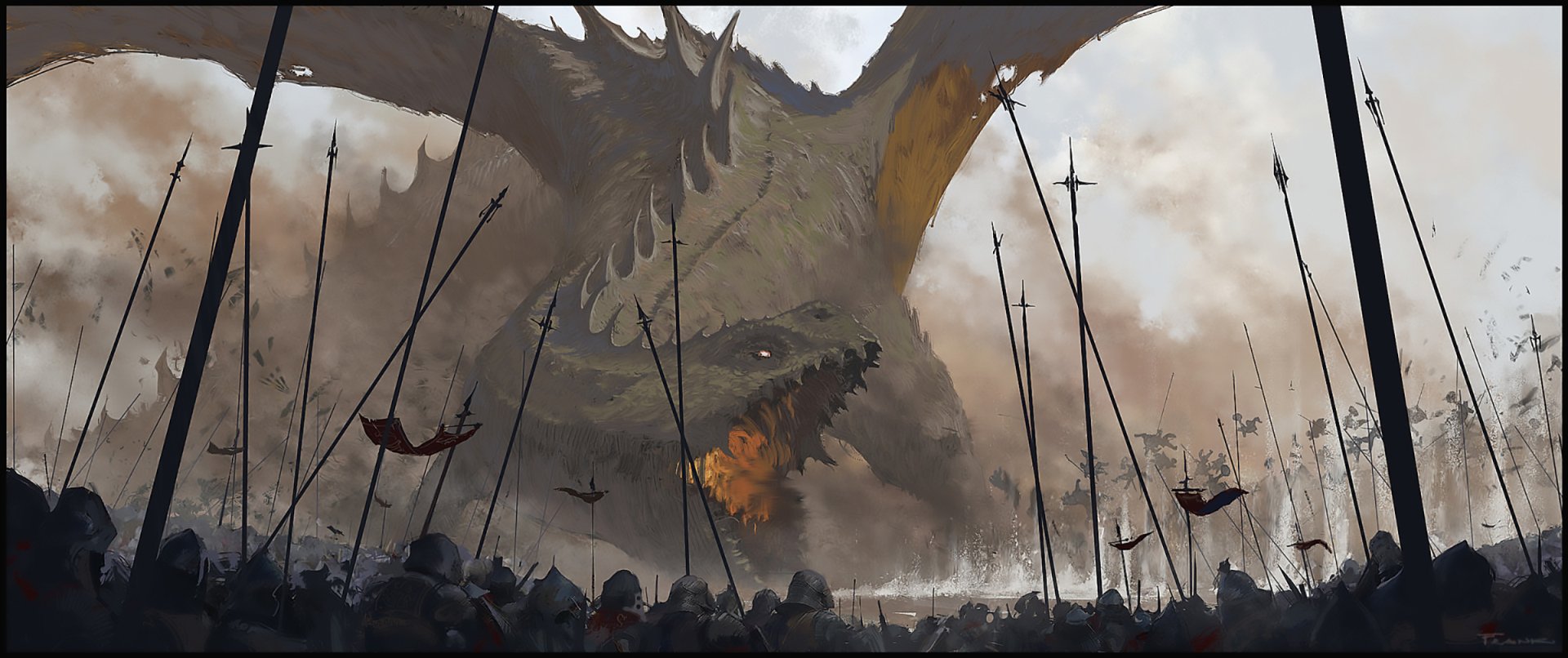 A fantasy wars HD desktop wallpaper depicting a fierce dragon breathing fire over a battlefield filled with soldiers and spears.