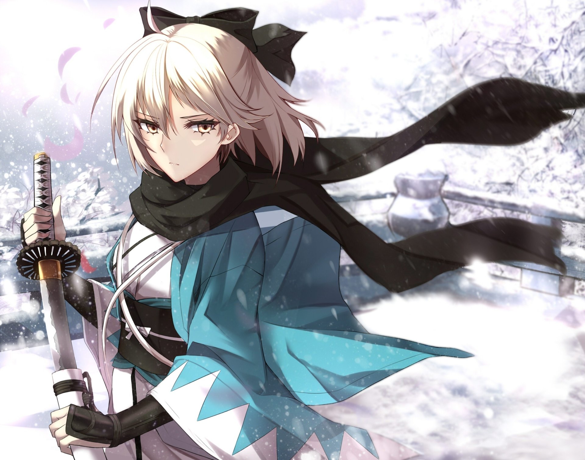 HD PC desktop wallpaper featuring Sakura Saber from Fate/Grand Order in anime style, holding a katana amid a snowy, serene background.