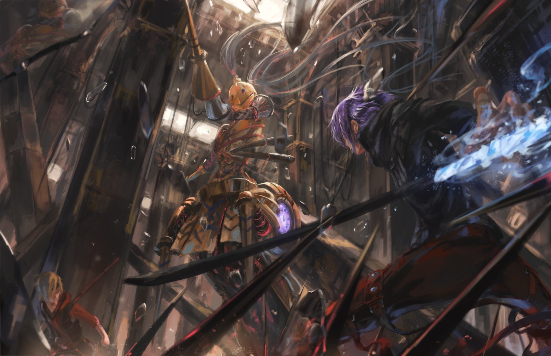 HD anime wallpaper featuring characters from Re:Creators in an intense, dynamic battle scene, showcasing detailed and vibrant artwork.