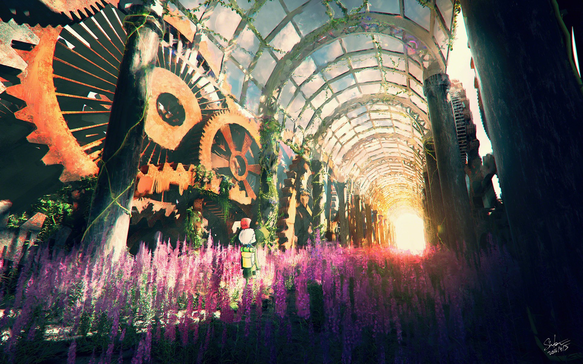Anime-style HD wallpaper depicting an abandoned steampunk tunnel bathed in sunlight, overgrown with purple flowers. The scene captures a surreal blend of nature reclaiming industrial beauty.