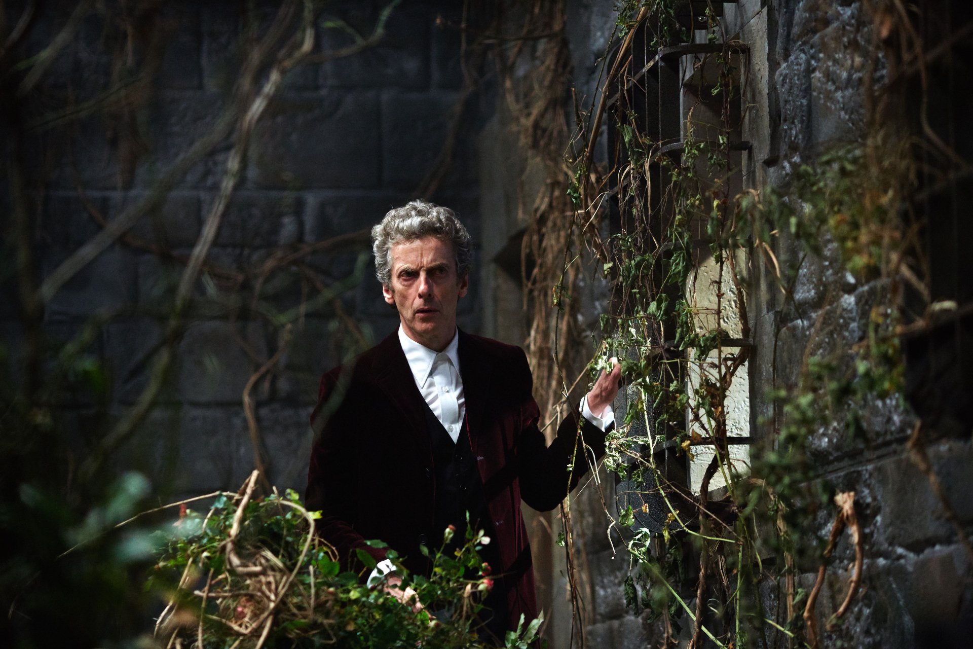 The 12th Doctor, portrayed by Peter Capaldi in Doctor Who (2005), stands in a dark, overgrown stone setting in this 4K Ultra HD PC desktop wallpaper.