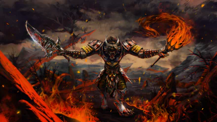 A dark warrior clad in armor wields a fiery torch and a sword, standing amidst a fiery landscape with flames and ominous creatures in the background.