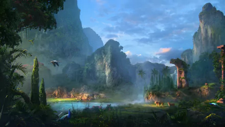 A fantasy landscape featuring cliffs, a river, ruins, a peacock, birds, and a lion in a nature setting. This HD desktop wallpaper captures the beauty of an intricate and serene world.
