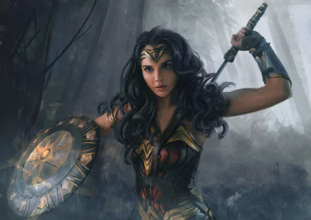 A high-definition desktop wallpaper featuring Wonder Woman, portrayed by actress Gal Gadot, wielding a sword and shield. She has black hair and a determined expression, embodying the iconic woman warrior.