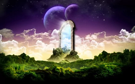 A fantasy landscape with a magical gate amidst lush greenery, leading to a dreamy world with stars, clouds, and two moons illuminating the sky. HD desktop wallpaper and background.