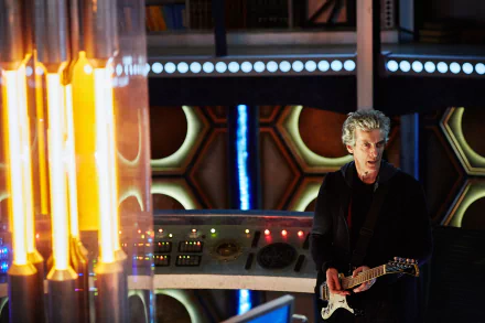 12th Doctor from Doctor Who (2005) playing a guitar in the TARDIS console room, vivid 4K Ultra HD PC desktop wallpaper.