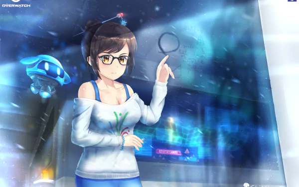 HD PC desktop wallpaper featuring Mei from the video game Overwatch, depicted with a futuristic city background and holographic interface.