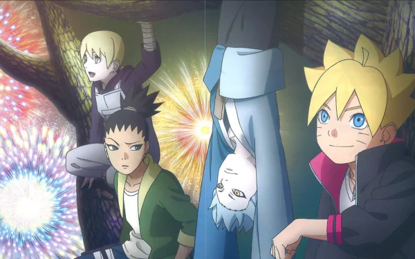 HD desktop wallpaper featuring Kawaki, Shikadai Nara, Naruto, and Boruto Uzumaki from the anime Boruto. The characters are seen hanging out in a tree, with vibrant fireworks lighting up the background.