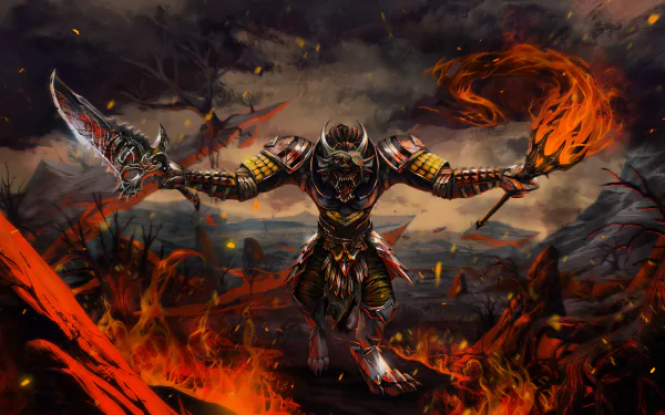 A dark warrior clad in armor wields a fiery torch and a sword, standing amidst a fiery landscape with flames and ominous creatures in the background.