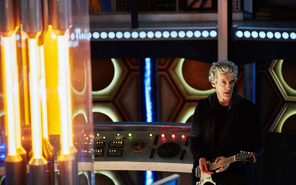 12th Doctor from Doctor Who (2005) playing a guitar in the TARDIS console room, vivid 4K Ultra HD PC desktop wallpaper.
