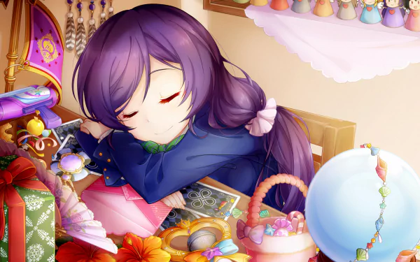 Nozomi Tojo (Love Live!) anime HD PC desktop wallpaper/background: she sleeps among colorful gifts, plushies and ornaments in a cozy pastel room.