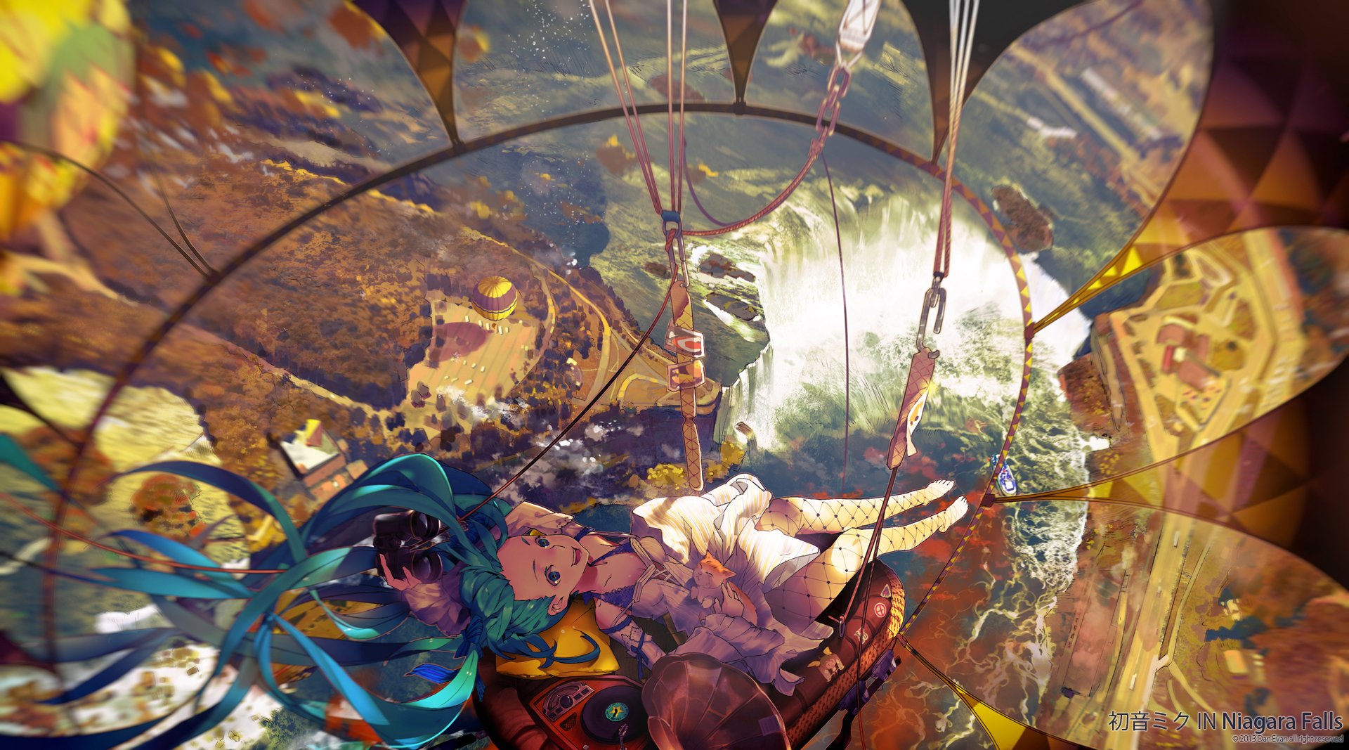 HD PC desktop wallpaper featuring Hatsune Miku in an anime-style Vocaloid artwork with vibrant colors and dynamic composition.