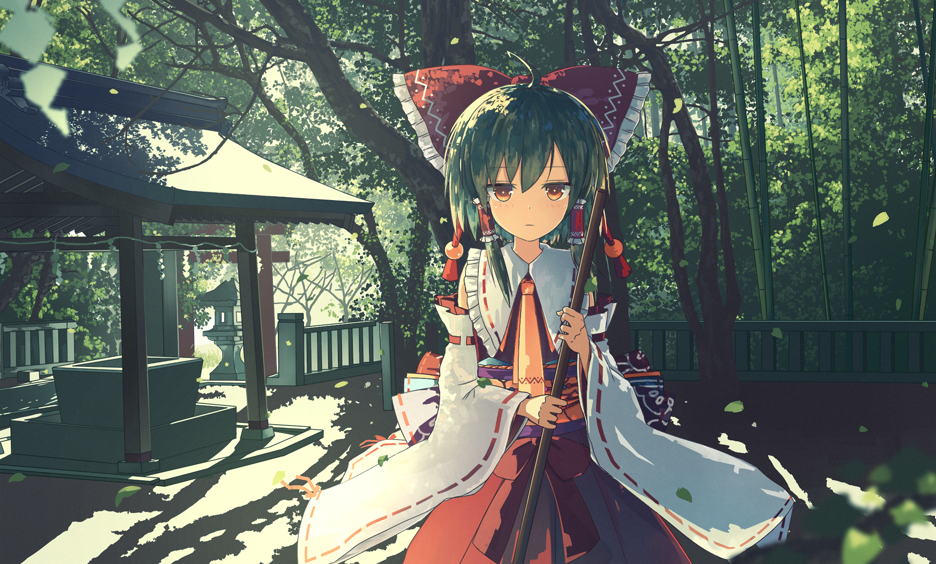 HD PC desktop wallpaper featuring Reimu Hakurei (Touhou): an anime shrine maiden in red-and-white robes and a large red bow, standing amid sunlit trees at a wooden shrine.