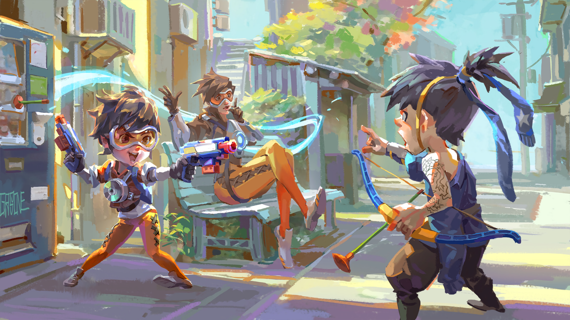HD PC desktop wallpaper featuring stylized chibi Tracer and other Overwatch characters in a vibrant, animated video game scene.